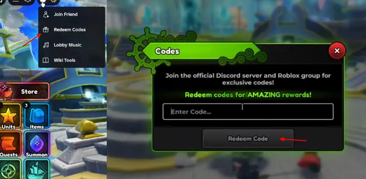 Anime Expeditions lobby with the top-left menu open to Redeem Codes, and the Codes popup showing the Enter Code field and the Redeem Code button.