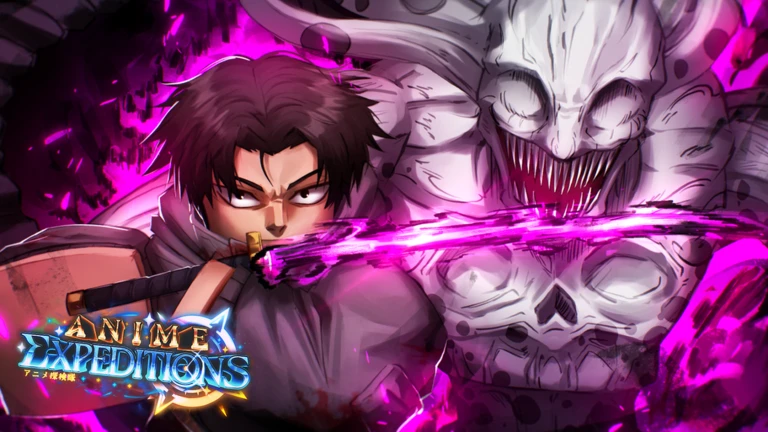 Anime Expeditions promotional art showing a swordsman facing a large spirit
